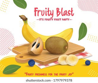 Sapodilla  and banana Fruit vector illustration on wooden chopping board