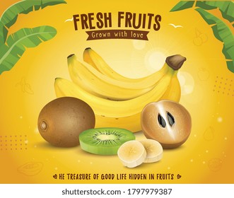 Sapodilla and banana fruit vector illustration on yellow background