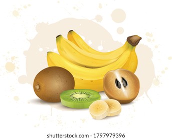 Sapodilla and banana fruit vector illustration with kiwi slices isolated on white background