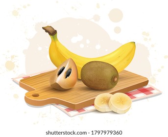 Sapodilla and banana vector illustration on wooden chopping  board