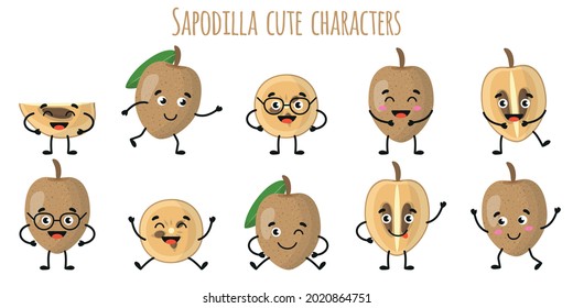 Sapodilla fruit cute funny cheerful characters with different poses and emotions. Natural vitamin antioxidant detox food collection. Vector cartoon isolated illustration. Children concept.
