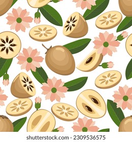 Sapodilla fruit seamless pattern. Chiku endless background with fruits leaves and flowers, manilkara zapota sapota texture, naseberry nispero backdrop