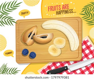 Sapodilla fruit slices and peeled banana vector illustration