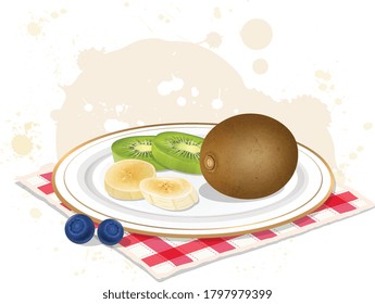 Sapodilla fruit vector illustration with banana and kiwi slices 