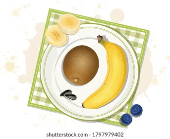 Sapodilla fruit  vector illustration with banana from top angle