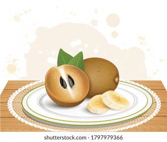Sapodilla Fruit vector illustration with half piece of Sapodilla fruit