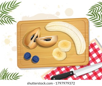Sapodilla fruit  vector illustration with a peeled banana on a wooden chopping board from the top view 