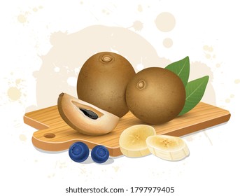 Sapodilla fruit vector illustration with Sapodilla slice on wooden chopping board