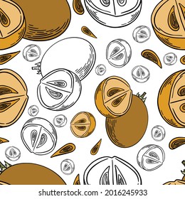 Sapodilla hand drawn seamless pattern in brown color and black outlines on white background for textile, print, background, highlights. Vector illustration