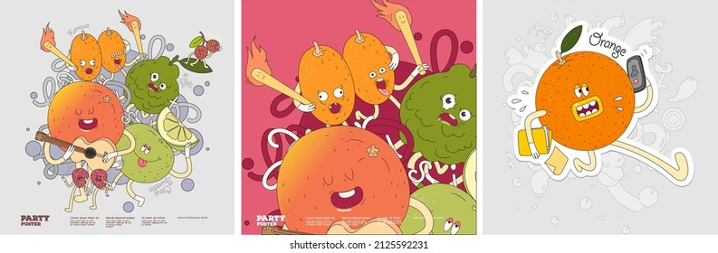 Sapodilla, Kaffir Lime, Kumquat, Grapefruit, Sweetie. Fruit Mix.  Set Of Vector Illustrations. Doodle Style. Painted, Colorful Fruit With Outlining. Sticker, Poster , Background Image For Label.