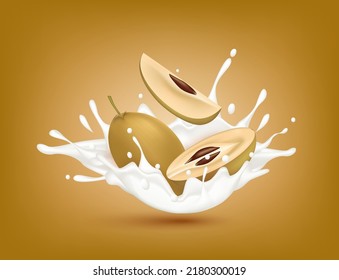 Sapodilla milk yogurt splashing isolated on brown background. Health concept. Realistic 3d vector illustration. Can used for product design advertising beverage and food products.