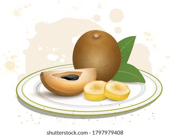 Sapodilla vector illustration with Sapodilla and banana fruit slices