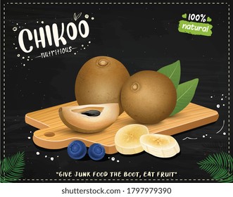 Sapodilla vector illustration with a wooden chopping board on black background