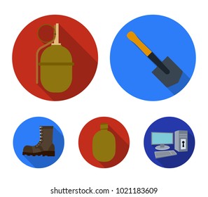 Sapper blade, hand grenade, army flask, soldier's boot. Military and army set collection icons in flat style vector symbol stock illustration web.