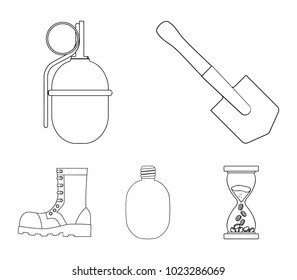 Sapper blade, hand grenade, army flask, soldier's boot. Military and army set collection icons in outline style vector symbol stock illustration web.