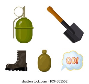 Sapper blade, hand grenade, army flask, soldier's boot. Military and army set collection icons in cartoon style vector symbol stock illustration web.
