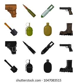 Sapper blade, hand grenade, army flask, soldier s boot. Military and army set collection icons in black,cartoon style vector symbol stock illustration web.