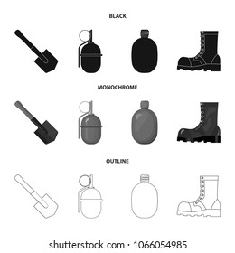 Sapper blade, hand grenade, army flask, soldier boot. Military and army set collection icons in black,monochrome,outline style vector symbol stock illustration web.
