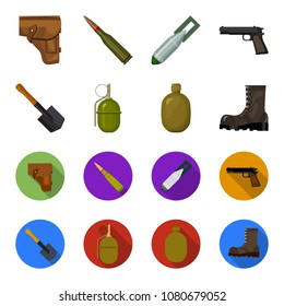 Sapper blade, hand grenade, army flask, soldier boot. Military and army set collection icons in cartoon,flat style vector symbol stock illustration web.