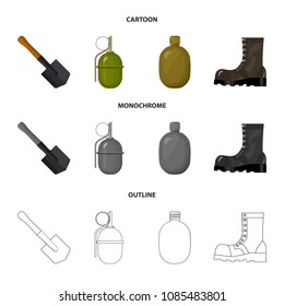 Sapper blade, hand grenade, army flask, soldier boot. Military and army set collection icons in cartoon,outline,monochrome style vector symbol stock illustration web.