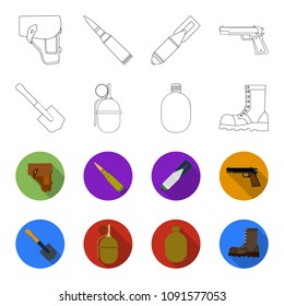 Sapper blade, hand grenade, army flask, soldier boot. Military and army set collection icons in outline,flat style vector symbol stock illustration web.