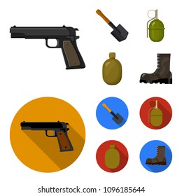 Sapper blade, hand grenade, army flask, soldier boot. Military and army set collection icons in cartoon,flat style vector symbol stock illustration web.