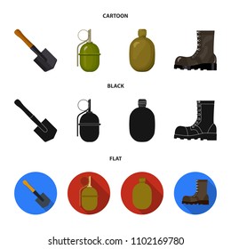 Sapper blade, hand grenade, army flask, soldier boot. Military and army set collection icons in cartoon,black,flat style vector symbol stock illustration web.
