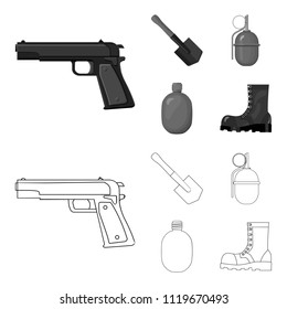 Sapper blade, hand grenade, army flask, soldier boot. Military and army set collection icons in outline,monochrome style vector symbol stock illustration web.
