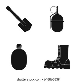 Sapper blade, hand grenade, army flask, soldier's boot. Military and army set collection icons in black style vector symbol stock illustration web.