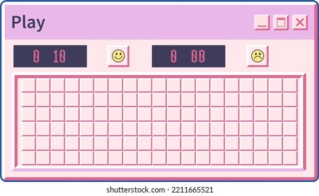 Sapper game interface with smiling and upset emoji face, board with fields and score of play. Application for gaming, old school window program. Design of page with close button. Vector in flat style