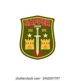 Sapper patch on uniform, combatant soldier military engineering troops squadron isolated emblem with sword and buildings. Vector military division breaching fortifications and towers demolitions