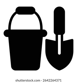 Pá Sapper com balde ícone sólido, conceito de construção. Gráficos vetoriais. Sinal de pá e balde de areia no fundo branco, móvel estilo ou design