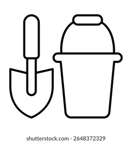 Pá Sapper com balde ícone linha fina, conceito de construção. Gráficos vetoriais. Sinal de pá e balde de areia no fundo branco, móvel estilo ou design