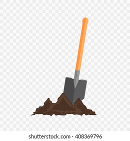 Sapper shovel in the ground. Gardening tool on checked background. Isolated shovel in heap of soil