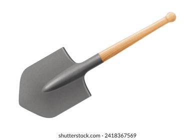 Sapper shovel isolated on white background. Steel spade for soldiers or officers, equipment or supplies for agricultural work. Army, gardening, agriculture concept. Realistic 3d vector illustration