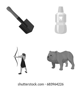 Sapper shovel, tooth elixir and other monochrome icon in cartoon style. ancient hunter, English bulldog icons in set collection.