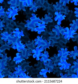 Sapphire blue camouflage pattern background seamless vector illustration. Azure toxic halftone clothing style masking camo repeat print. Green malachite colors forest texture