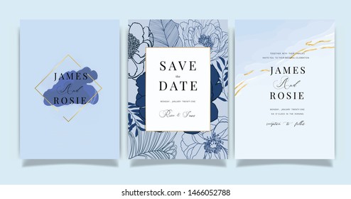 Sapphire blue Wedding invitation, RSVP, thank you cards. Vector elegant rustic template. Swirls of marble or the ripples of agate. Liquid marble texture and Golden metallic. Fluid art. 