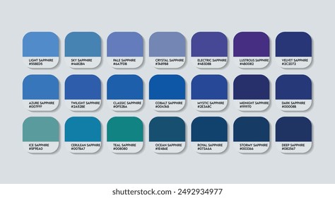 Paleta de colores de zafiro, Paleta de guías de colores de zafiro con nombres de colores. Catálogo Muestras de Zafiro Azul con códigos RGB HEX. Vector de la paleta de los Colores del azul oscuro, paleta de los tonos del zafiro del azul de moda