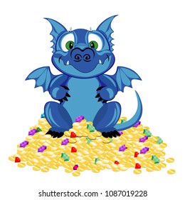 Sapphire dragon sits on a mountain of gold and precious stones. Vector illustration.