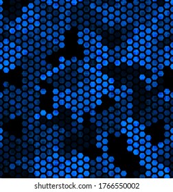 Sapphire Muster von Hexagons und Quadraten. Blau, Marine, schwarze Farben. Nahtlose Textur aus geometrischen Elementen. Abstrakter Vektorhintergrund für Banner-Hintergrund, Stoff, Inneneinrichtung, Umhüllung