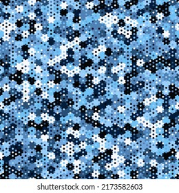 Patrón de zafiro de hexágonos y cuadrados. Azul cielo, marina, colores negros. Textura sin inconvenientes de elementos geométricos. Resumen de fondo vectorial para banners fondo, tela, decoración doméstica, envoltura