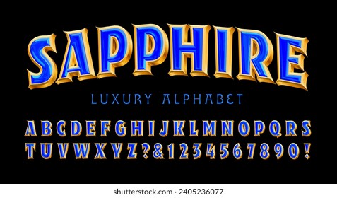 Sapphire is a posh and luxurious 3d effect alphabet with gold setting and shiny blue gemstone in the interior. svg
