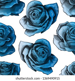 Sapphire roses vintage seamless pattern. Blue gradient rose flowers isolated on white background texture. Vector vintage retro fabrics textile illustration.