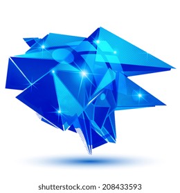 Sapphire textured plastic deformed flash model, dimensional pixilated figure created from geometric elements.
