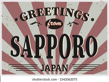 Sapporo Japan Retro tin sign Vintage vector souvenir sign or postcard templates. Travel theme.