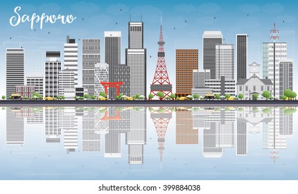 Sapporo Skyline with Gray Buildings, Blue Sky and Reflections. Vector Illustration. Business and Tourism Concept with Modern Buildings. Image for Presentation, Banner, Placard or Web Site.