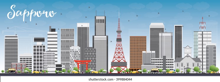 Sapporo Skyline with Gray Buildings and Blue Sky. Vector Illustration. Business and Tourism Concept with Modern Buildings. Image for Presentation, Banner, Placard or Web Site.
