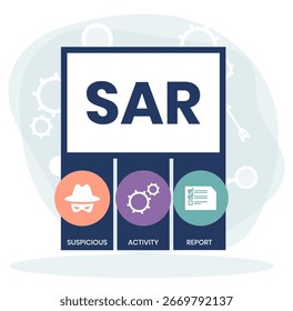 sar - acrônimo de relatório de atividades suspeitas. plano de fundo do conceito de negócios. conceito de ilustração vetorial com palavras-chave e ícones. ilustração de letras com ícones para banner da web, folheto