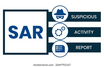 SAR - Acrónimo de informe de actividad sospechosa. Fondo de concepto de negocio. Concepto de Ilustración vectorial con Palabras claves e íconos. Ilustración de letras con íconos para Anuncio de Web, volante